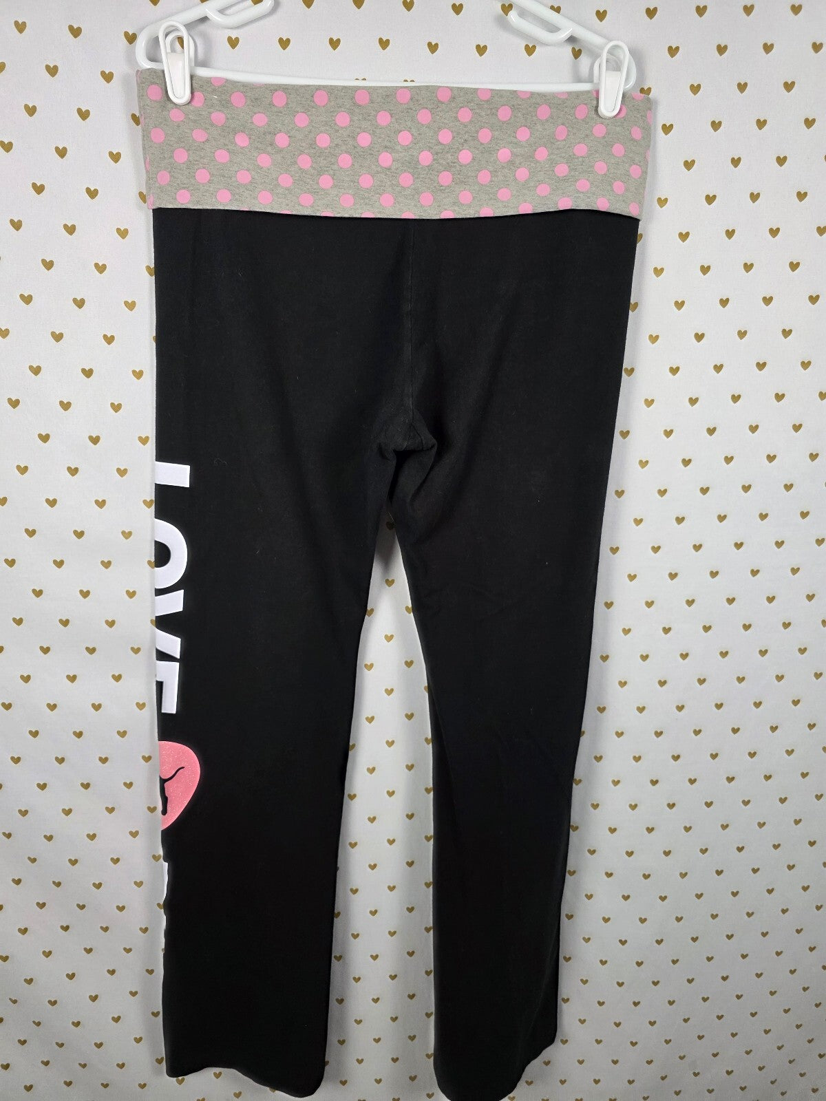 PINK Victoria's Secret Foldover Yoga Pants Campus Originals Polka Dot LOVE Flare