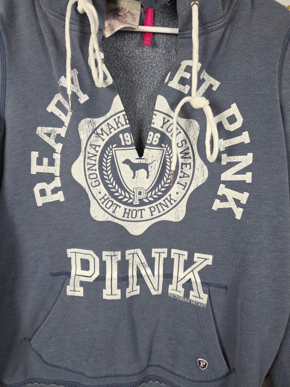 Victorias Secret Pink READY SET V neck Pullover Hoodie Vintage Y2k MEDIUM