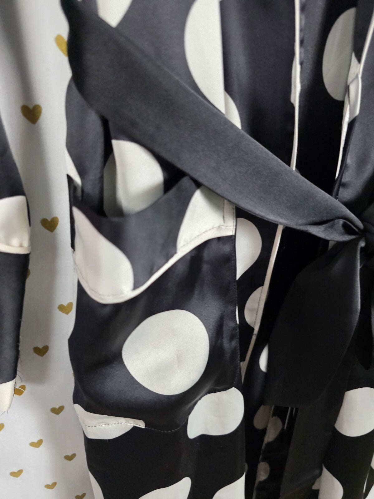 Victoria's Secret Satin Robe M Black White Polka Dot Kimono Belted Pajamas