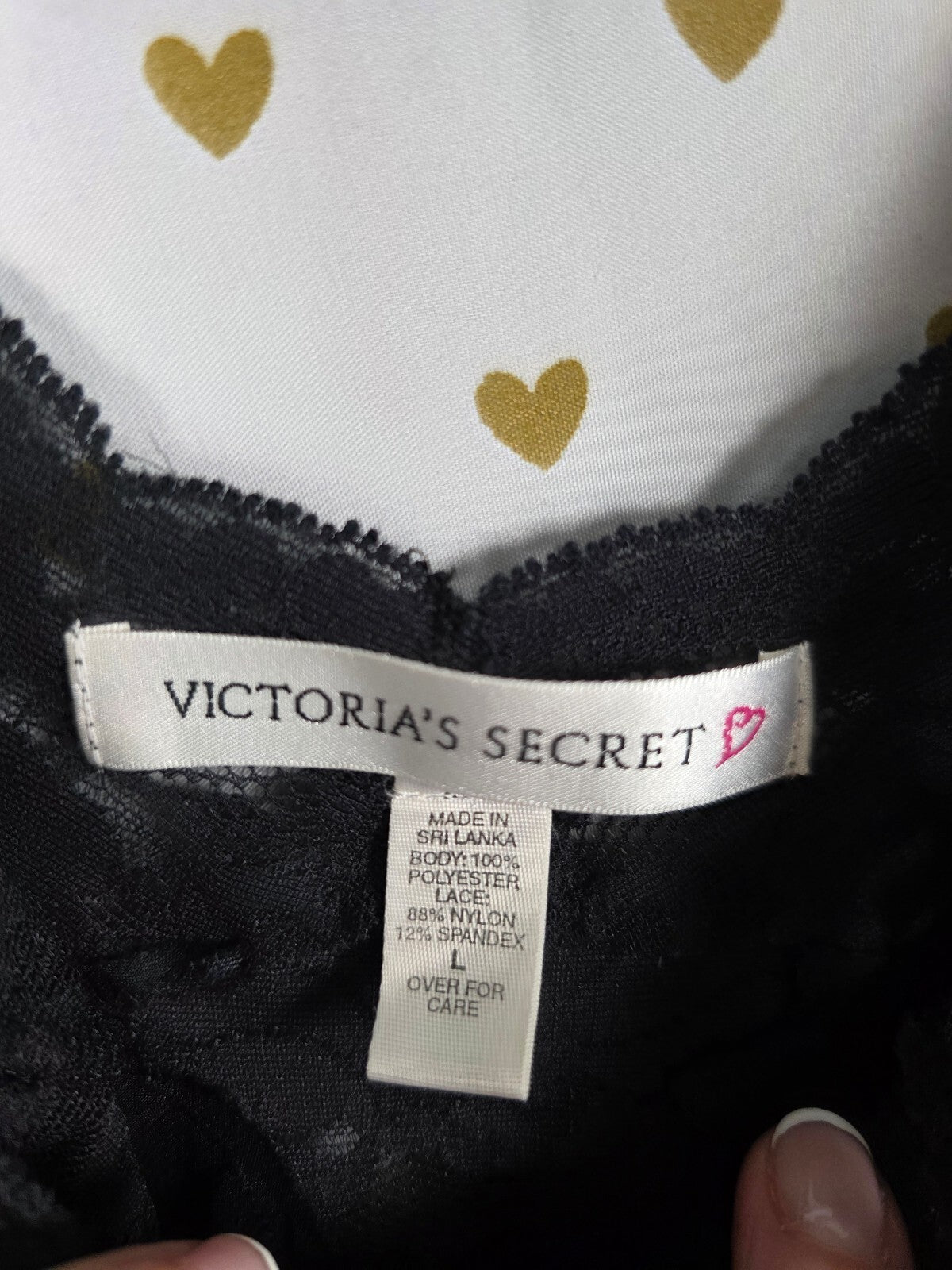 Victoria's Secret Black Satin Lace Maxi Nightgown Slip Gown L Vintage Heart