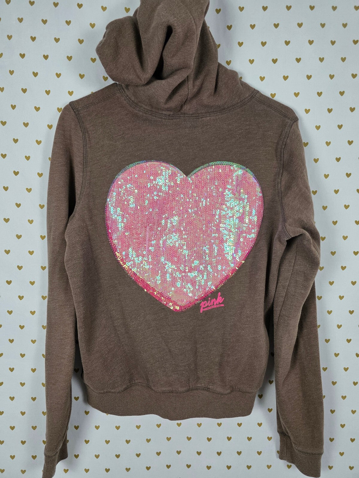 Victorias Secret Pink Vintage BLING Heart Sequined Y2k Full Zip Hoodie jacket L