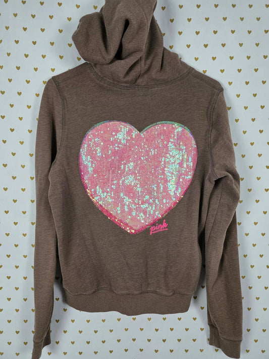 Victorias Secret Pink Vintage BLING Heart Sequined Y2k Full Zip Hoodie jacket L