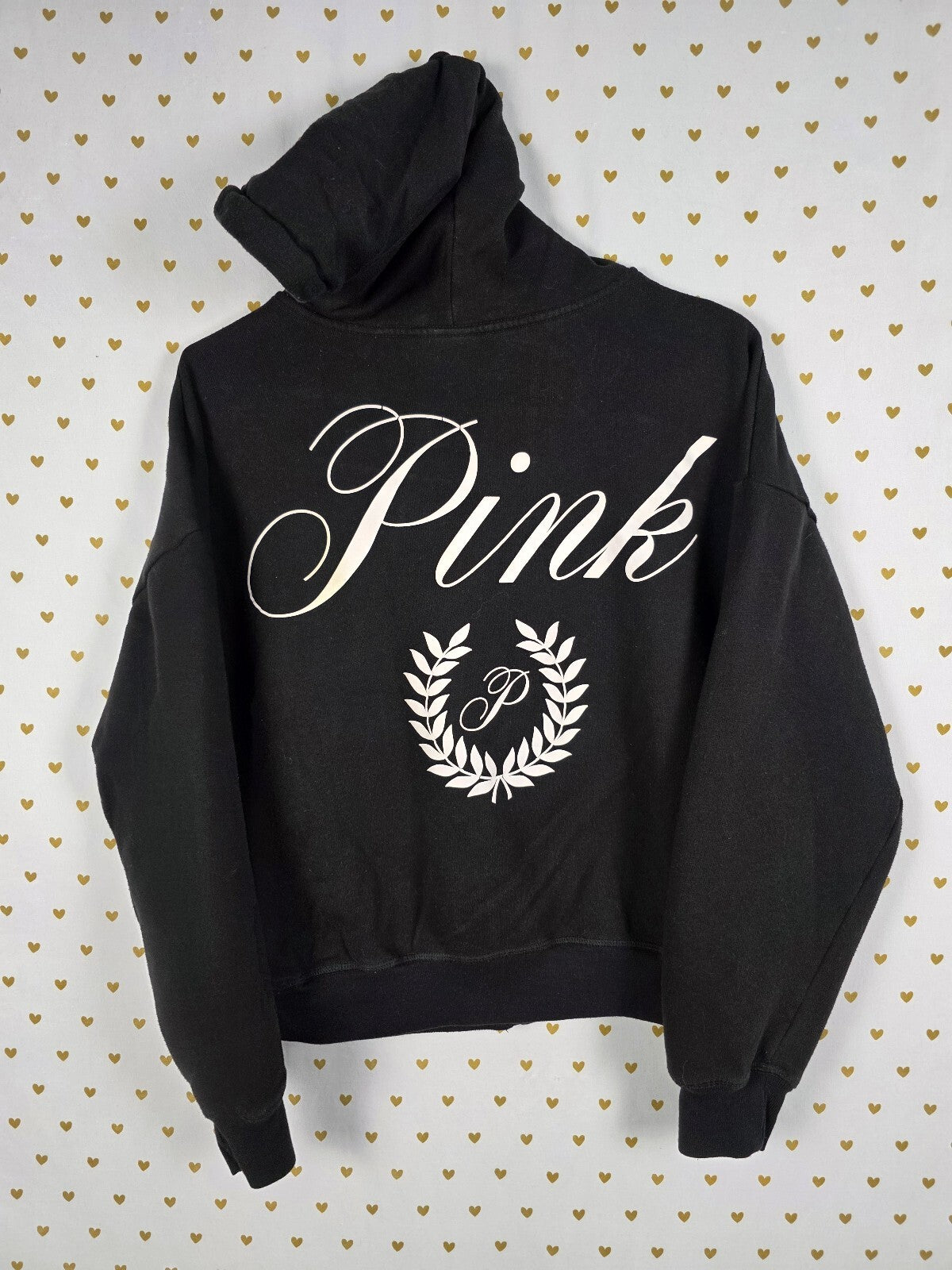 Victorias Secret Pink Black Crest Full Zip Hoodie Jacket Small Oversized