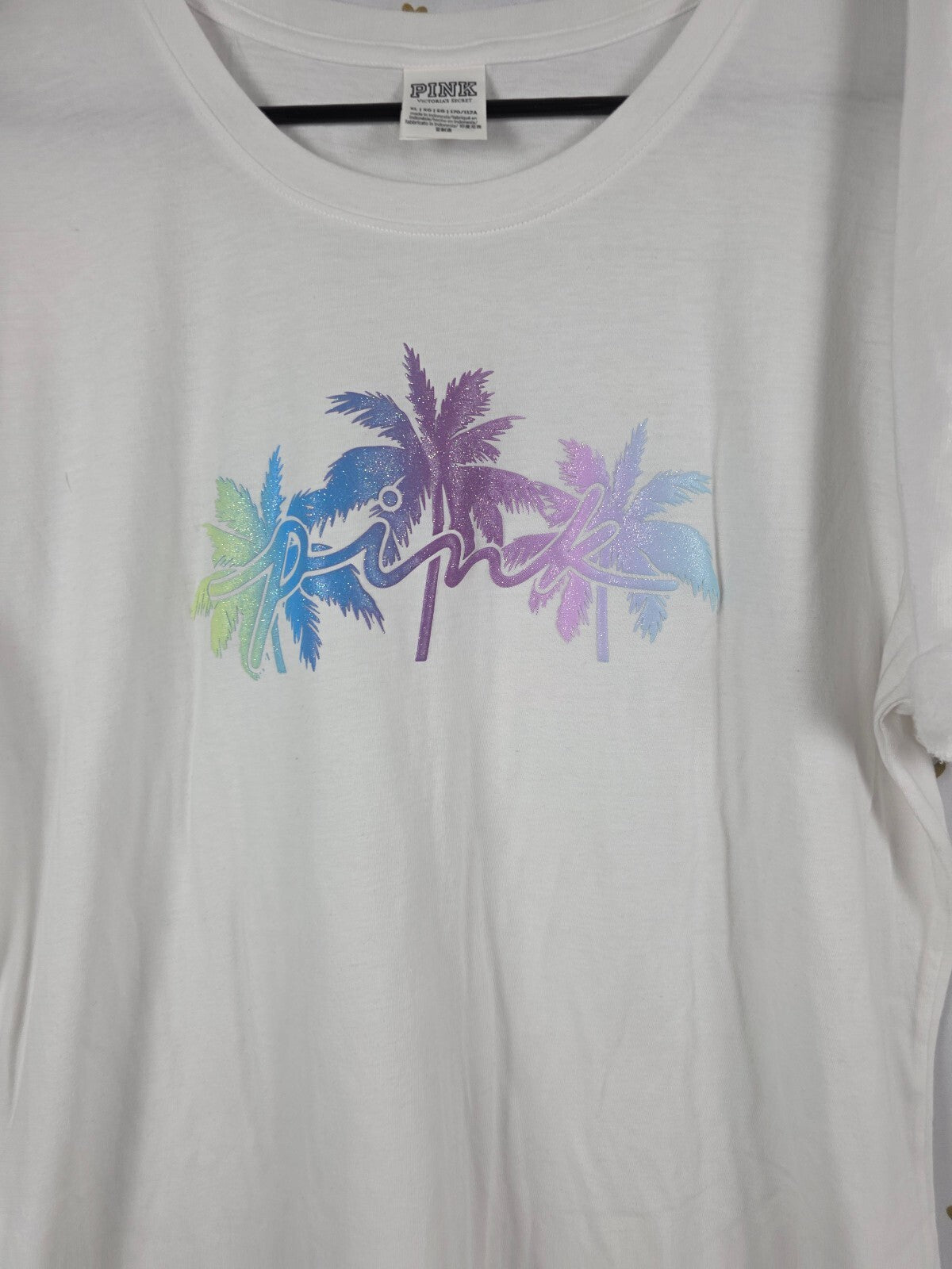 Victorias Secret PINK Glitter Bling Palm XL White Tee shirt Sweat Shorts SET