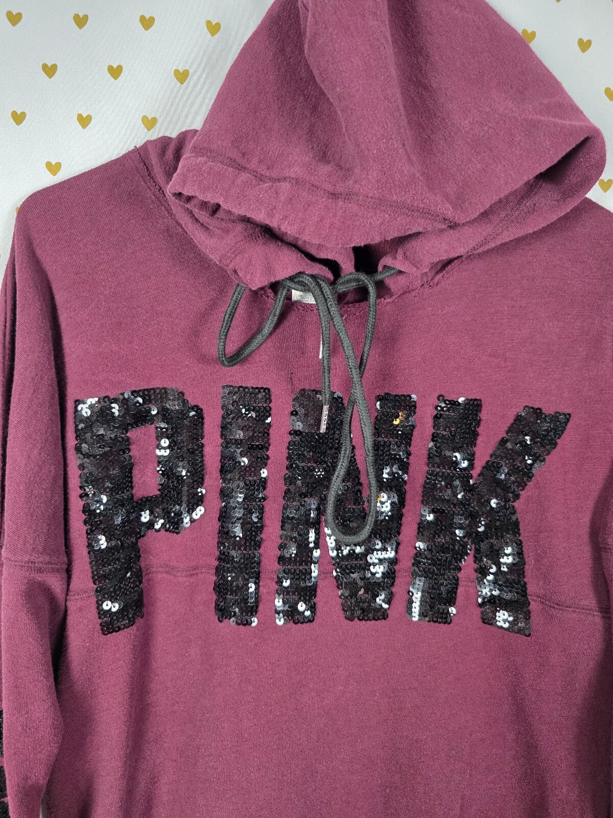 Victorias Secret Pink Maroon Bling Sequined Pullover Hoodie Tee Small
