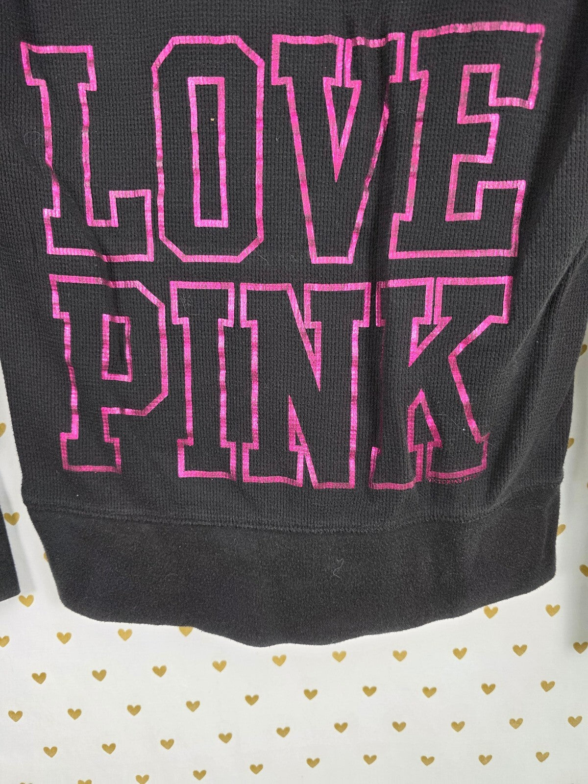 Victorias Secret Pink Vintage Black Thermal Hooded Henley Logo Medium