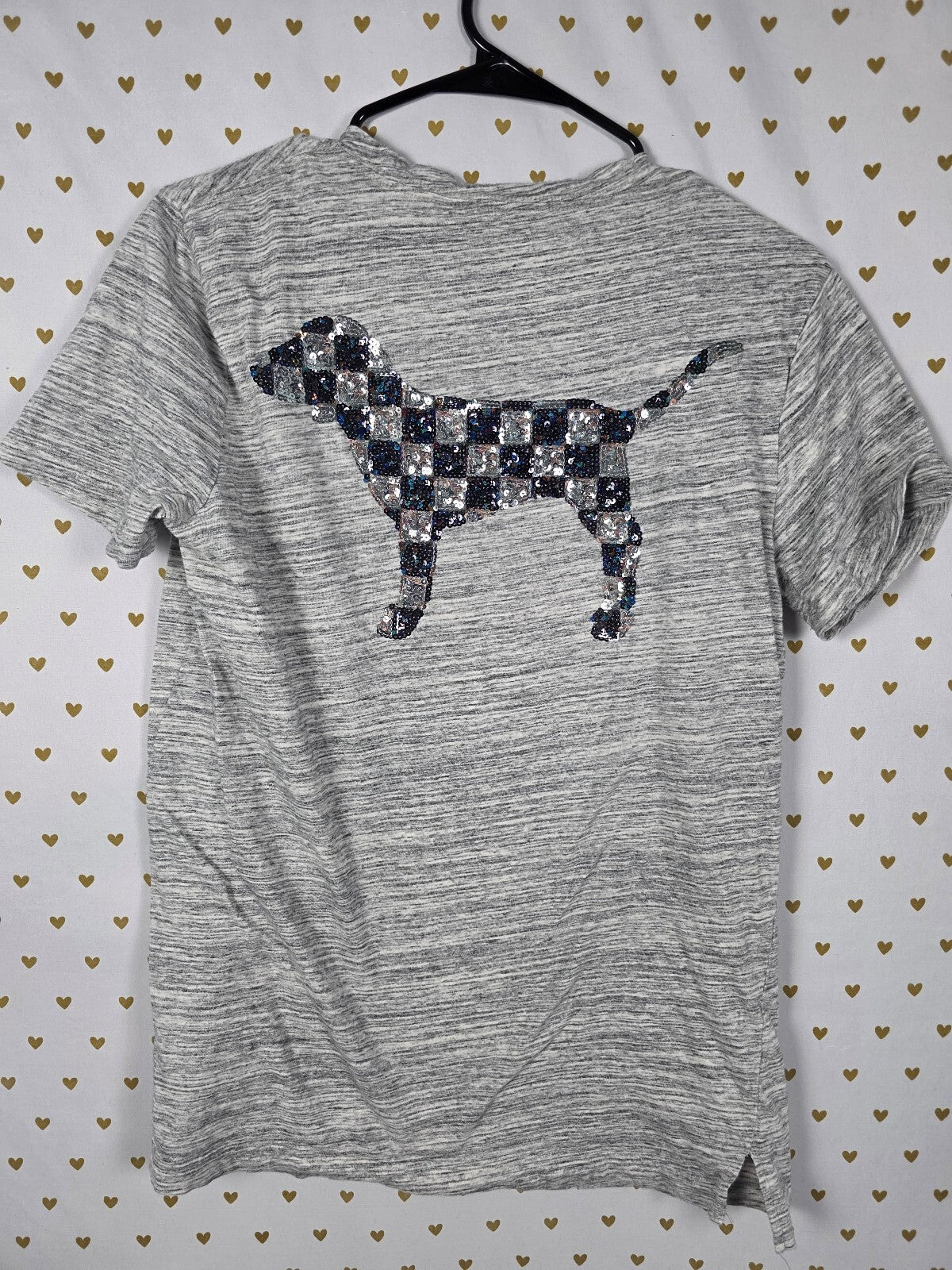 Victoria's Secret PINK Gray HTF Pocket Tee Sequin Buffalo Plaid Dog T-Shirt Sm
