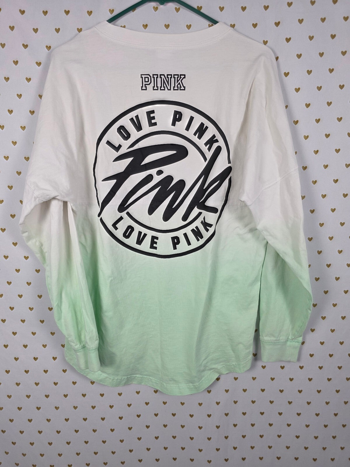 Victorias Secret PINK Gradient Green CAMPUS tee shirt Logo Love SMALL Oversized