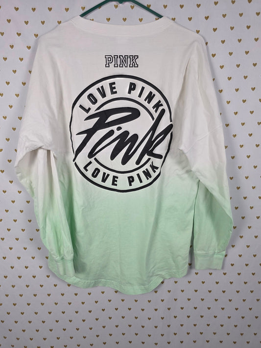 Victorias Secret PINK Gradient Green CAMPUS tee shirt Logo Love SMALL Oversized
