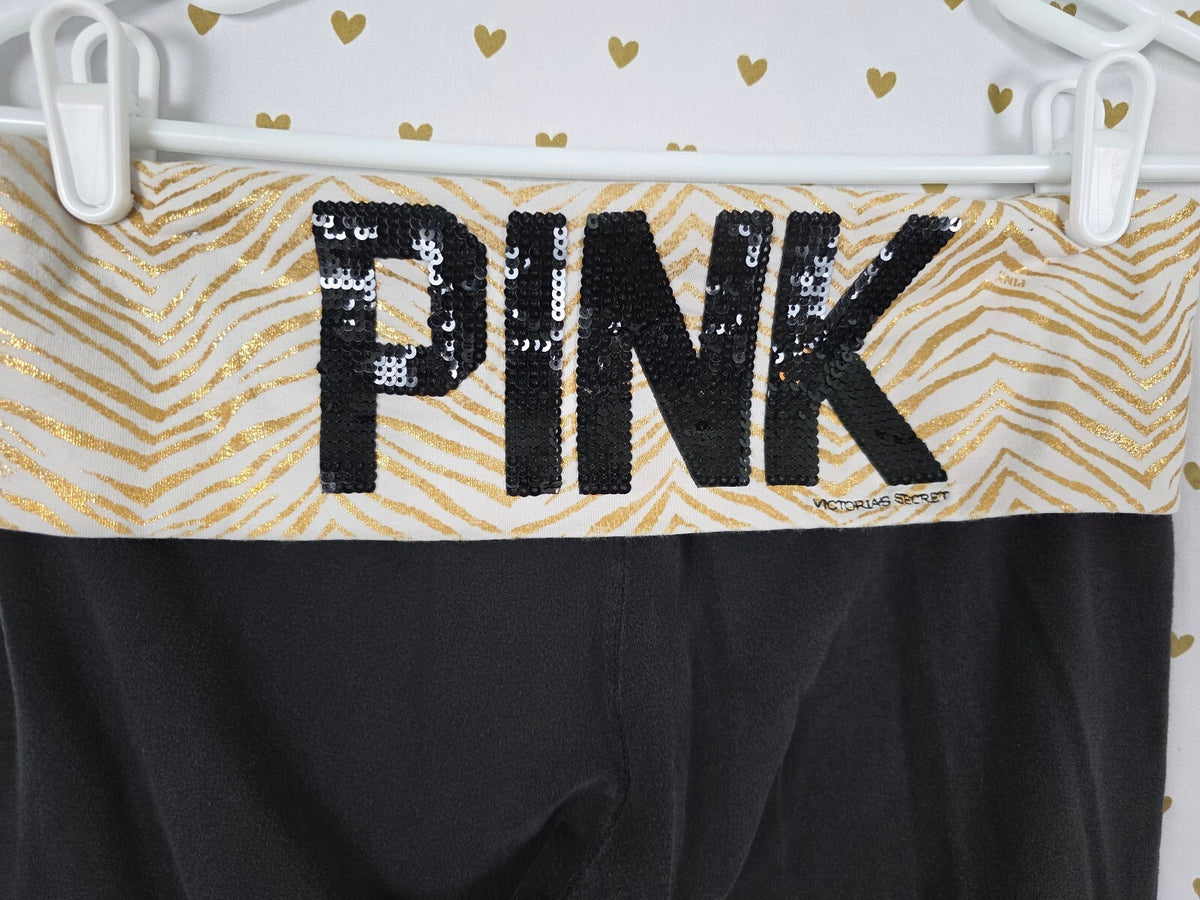 Victoria's Secret PINK Foldover Yoga Pants Gold Zebra Sequin Bling HTF Flare M
