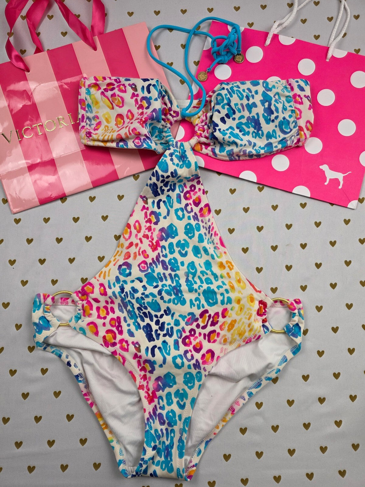 Victoria's Secret PINK Rainbow Leopard Print Cutout Monokini Swimsuit L Vintage