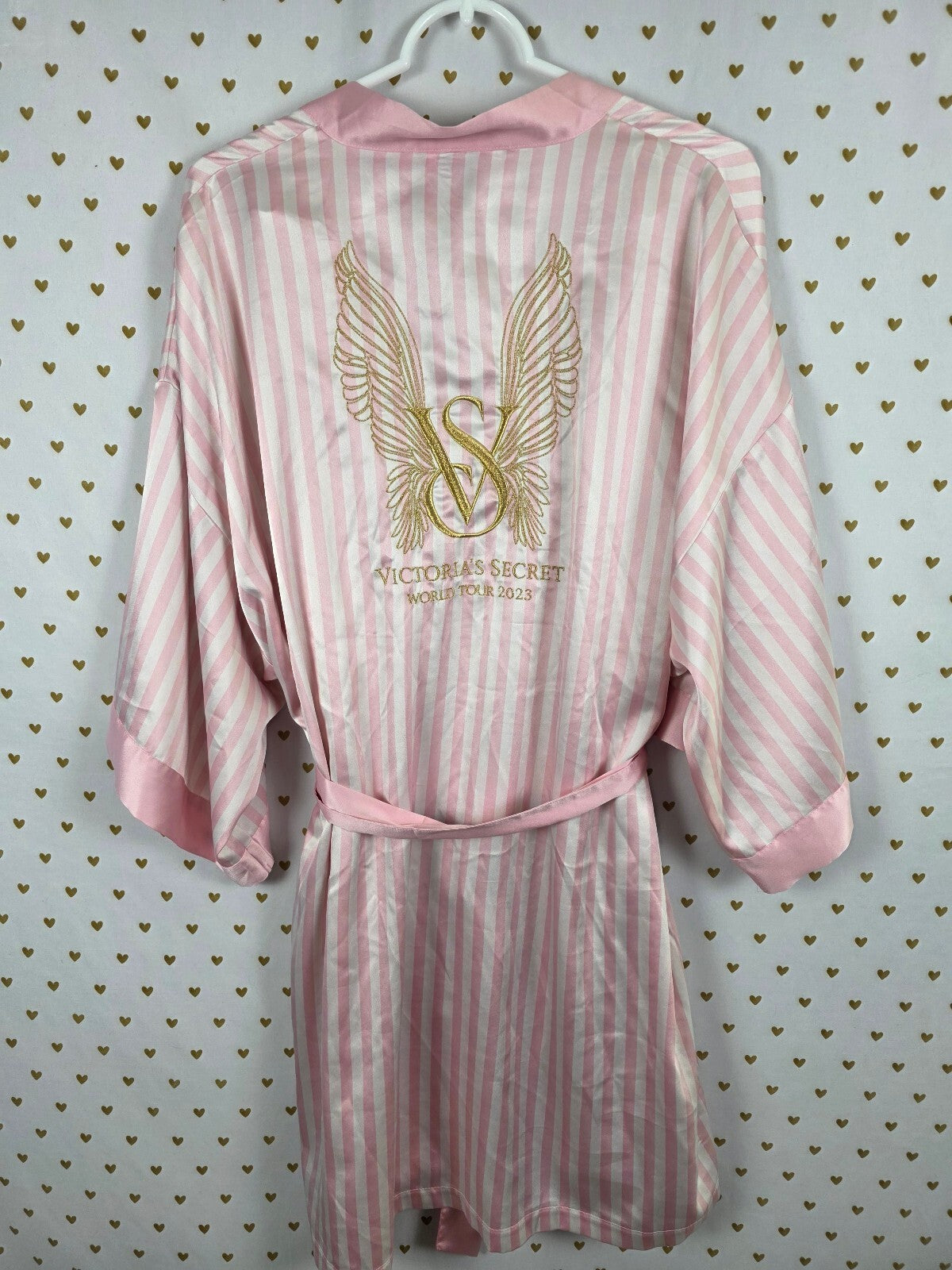 Victoria's Secret World Tour 2023 Satin Robe M/L Pink Stripe Gold Wings