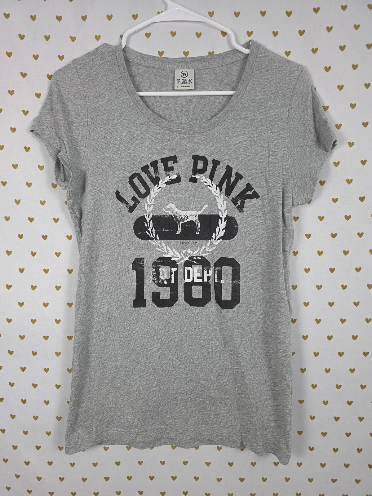 Victorias Secret PINK LOVE Crest VINTAGE y2k Grey tee shirt LARGE