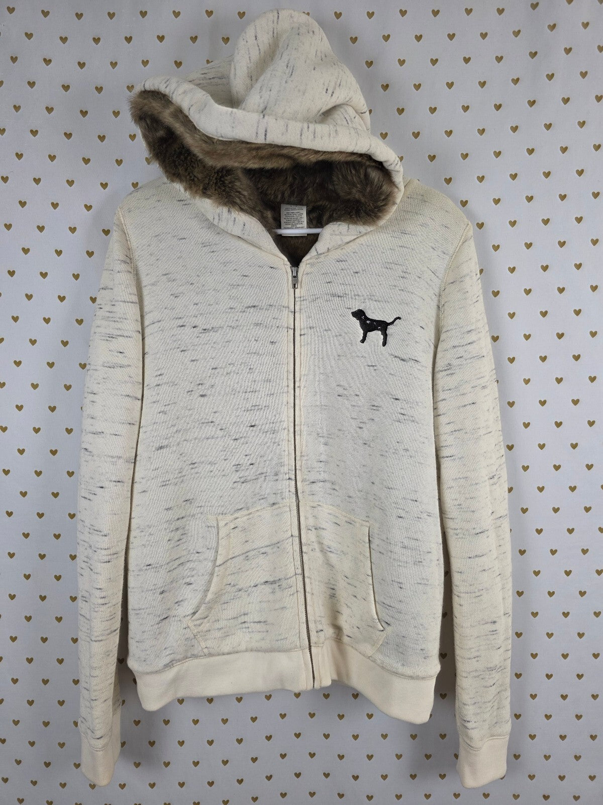 Victoria's Secret PINK Faux Fur Hood Sequin BLING Full Zip Hoodie Large