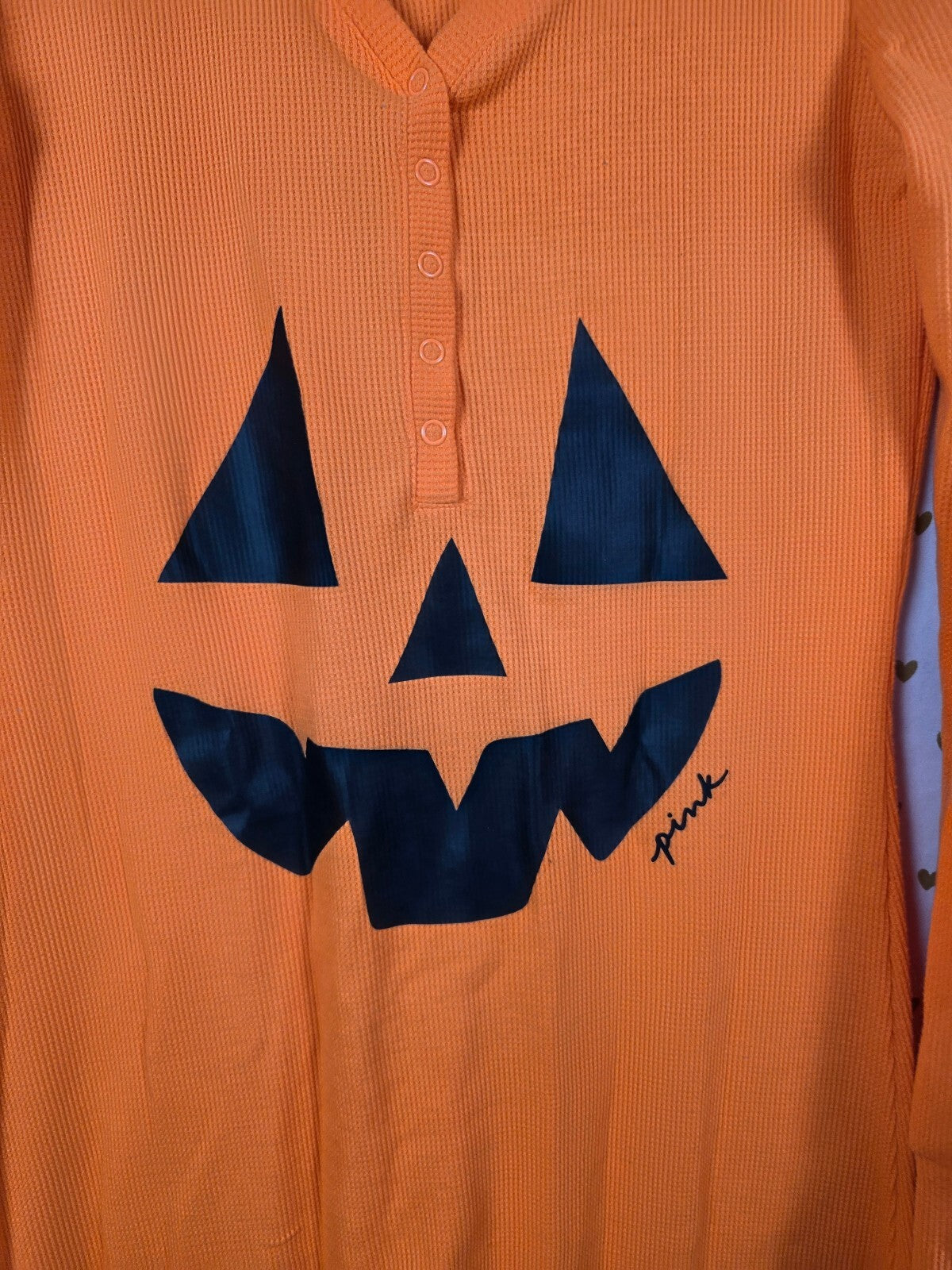 Victoria's Secret PINK Halloween Pumpkin Jack O Lantern Waffle Pajama Jumpsuit M