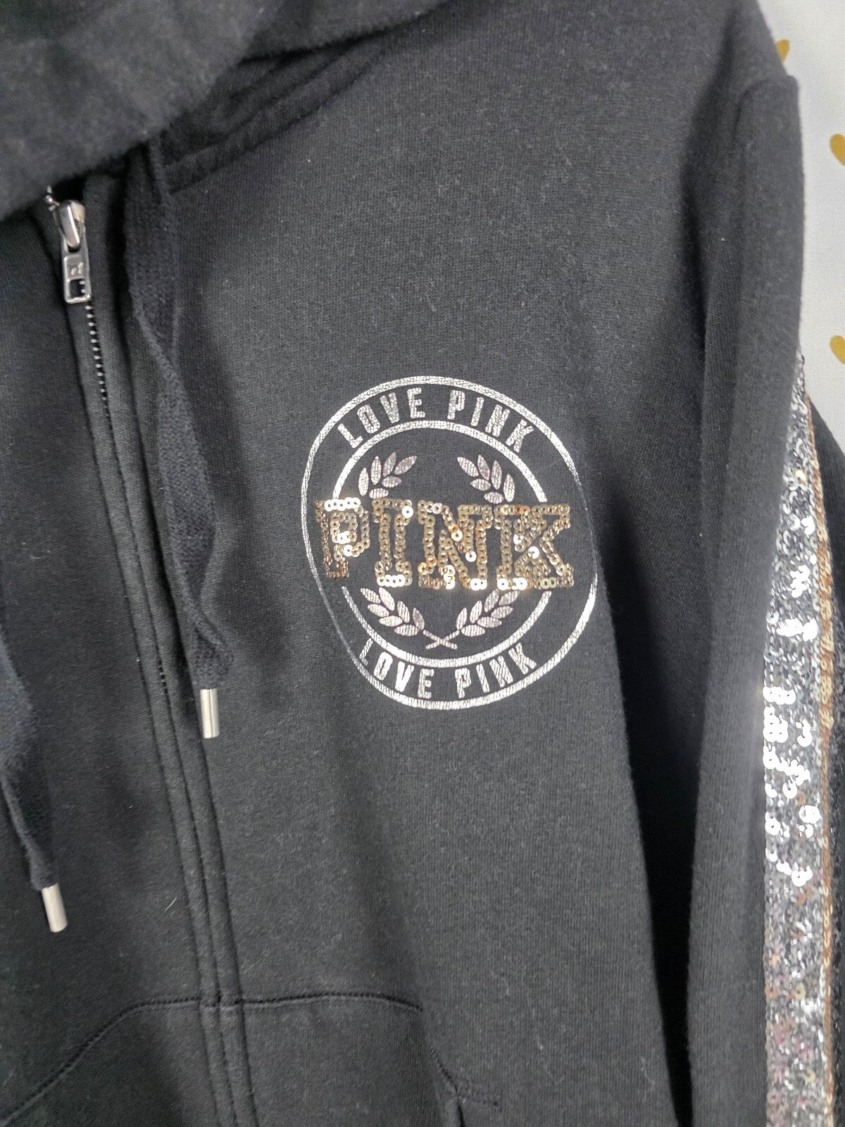 Victoria's Secret PINK Limited Edition BLING Sequin Zip Hoodie Black Gold L