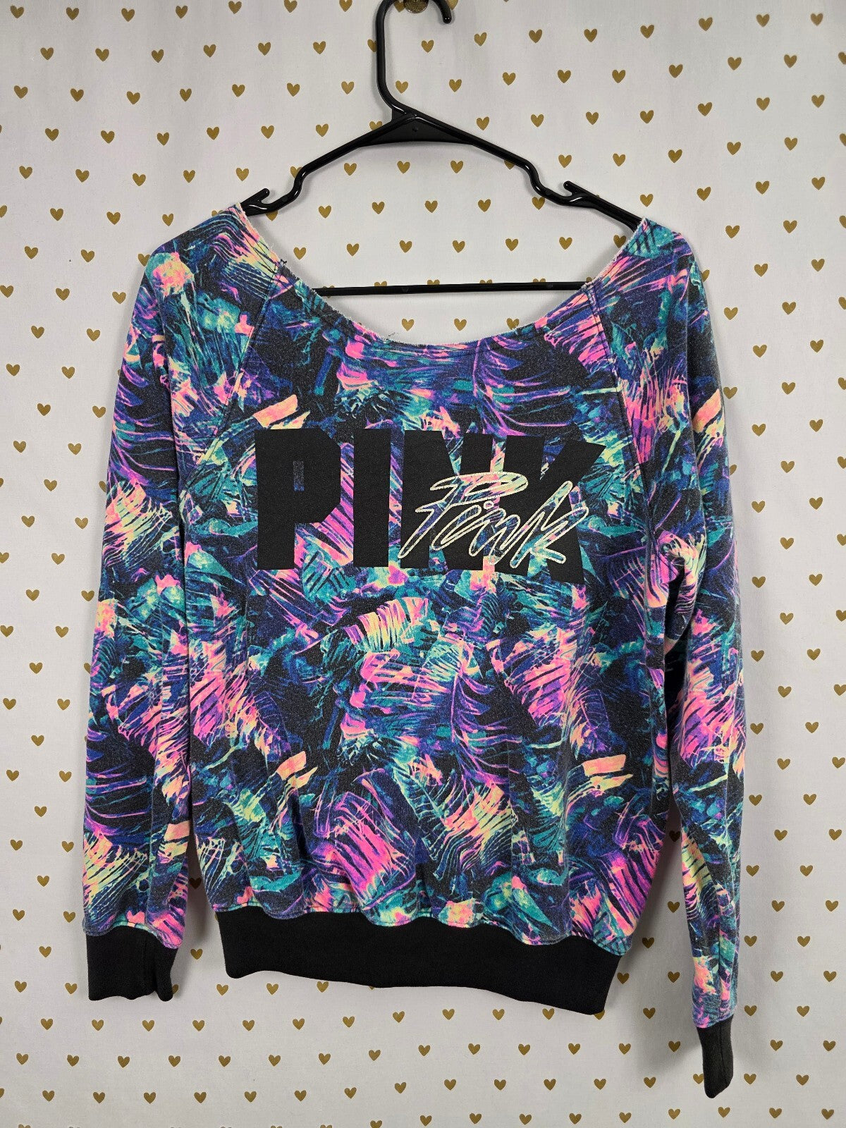 Victorias Secret Pink Neon Logo Slouchy Oversized Sweater Shirt Off Shoulder XS