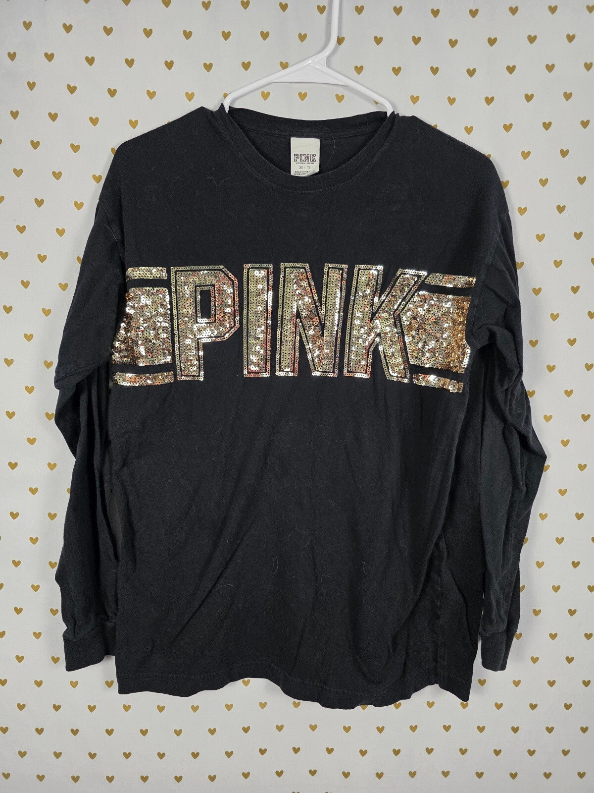 Victorias Secret PINK BLING Gold Sequin Logo Tee shirt XS Oversized