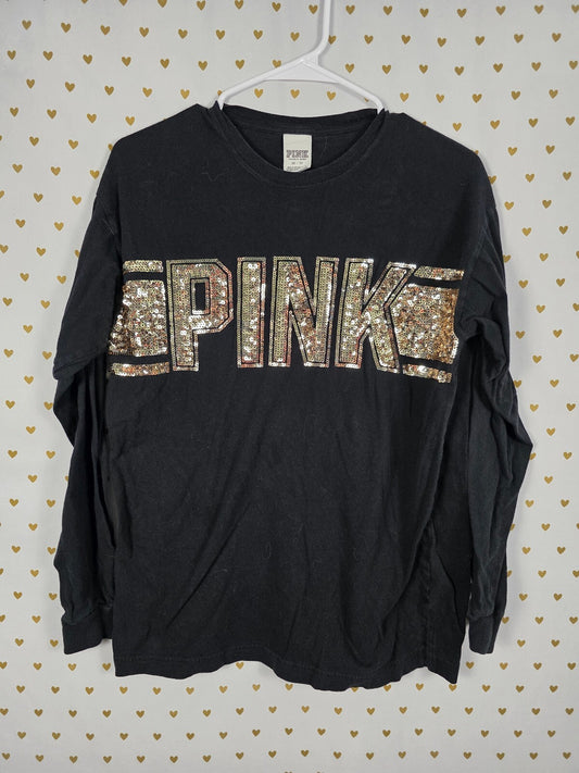 Victorias Secret PINK BLING Gold Sequin Logo Tee shirt XS Oversized