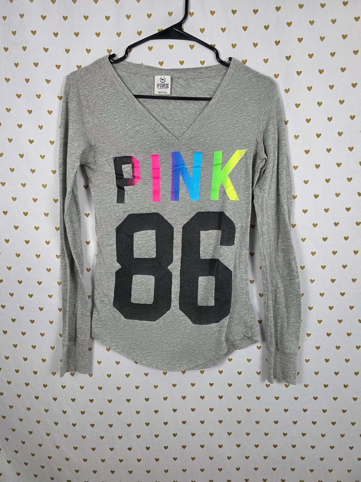 Victorias Secret PINK Vintage rainbow 86 Logo Long Sleeve V neck tee shirt SMALL