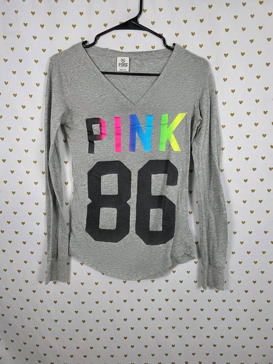 Victorias Secret PINK Vintage rainbow 86 Logo Long Sleeve V neck tee shirt SMALL