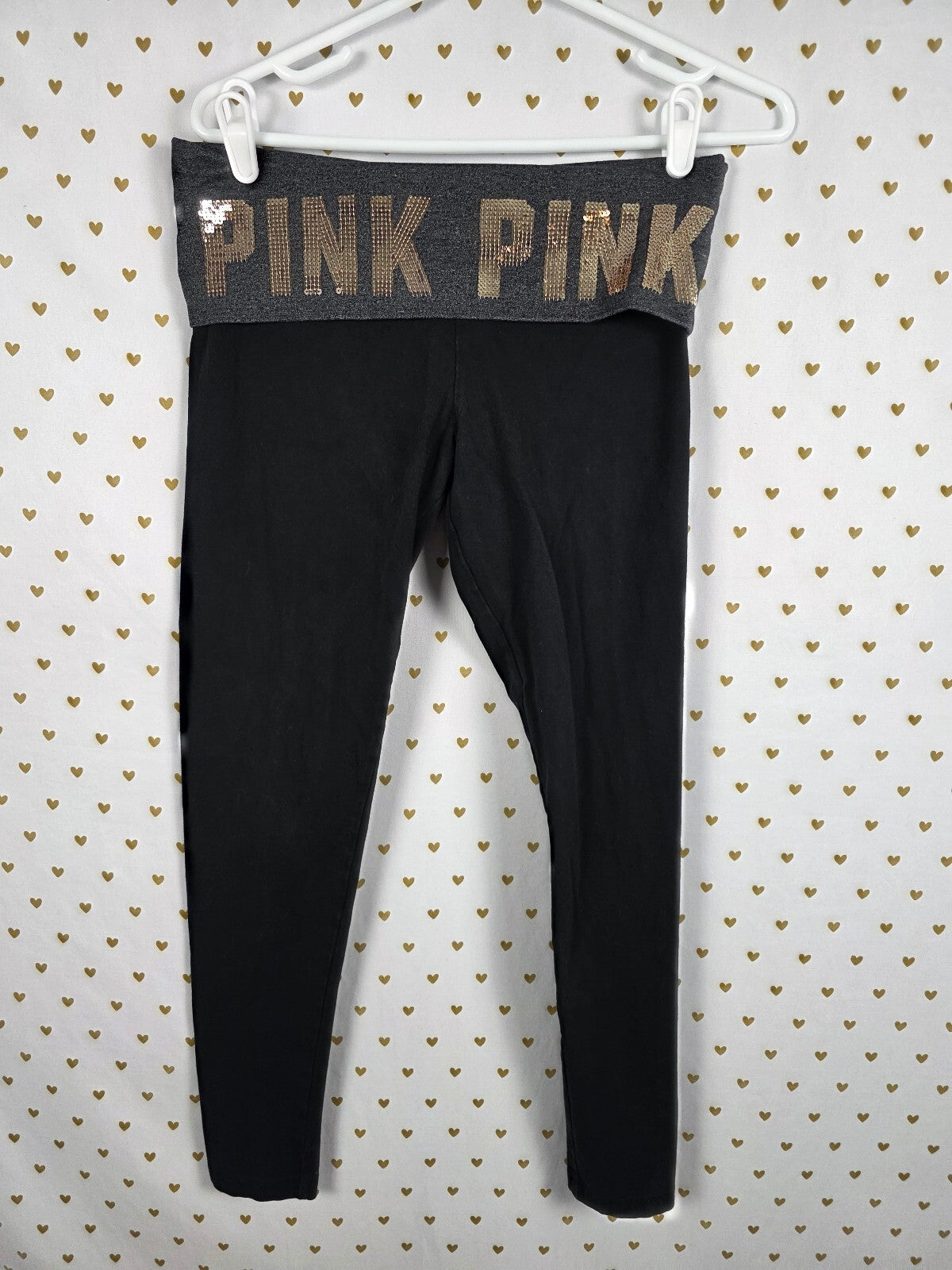 Victorias Secret PINK BLING GOLD SEQUIN Vintage Y2k Foldover Yoga Pants Ankle M