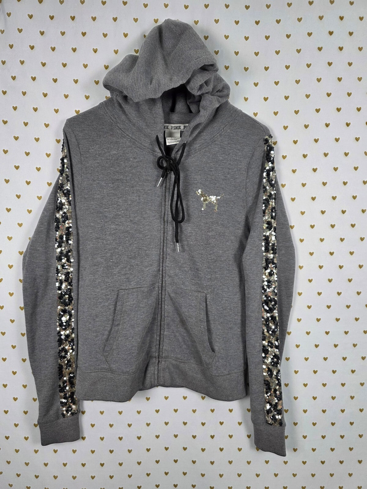 PINK Victoria's Secret Sequin Leopard Sleeve Zip Hoodie LOVE PINK Gray Small