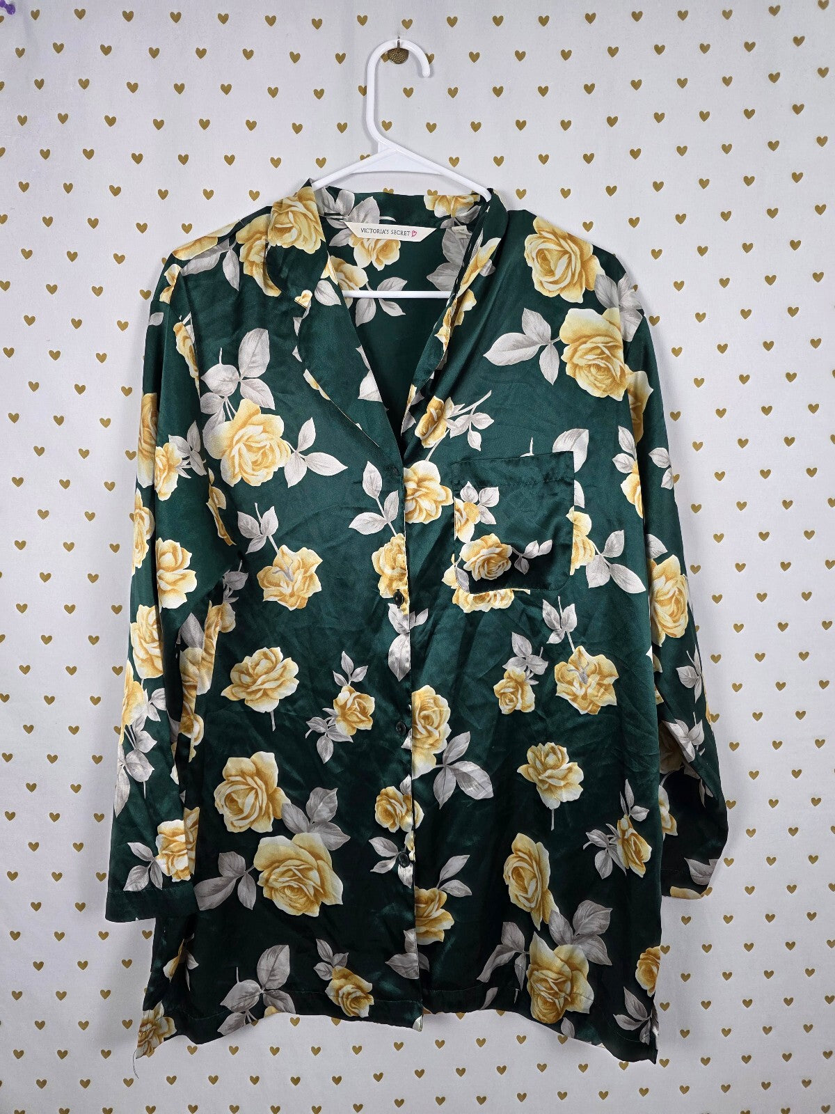 Victorias Secret Vintage Heart Label Satin Floral Button Down Sleep Shirt LARGE