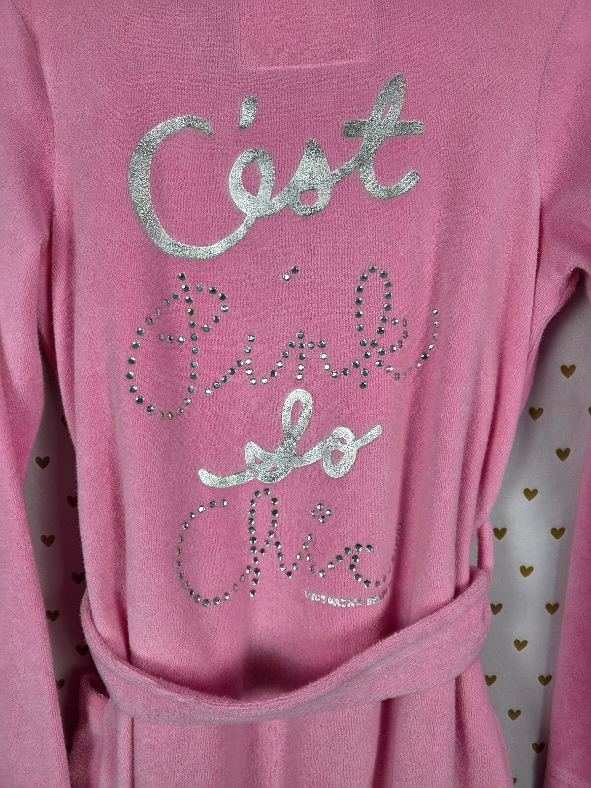 Vintage Victoria's Secret PINK 2008 Pink Velour Rhinestone Robe C'est Chic Xs SM