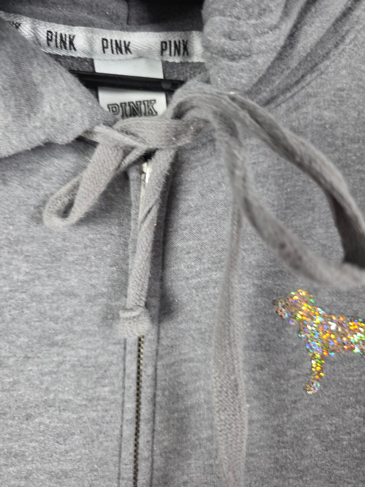 Victoria's Secret PINK Gray Sequin Love Pink Full Zip Hoodie Dog Logo Medium
