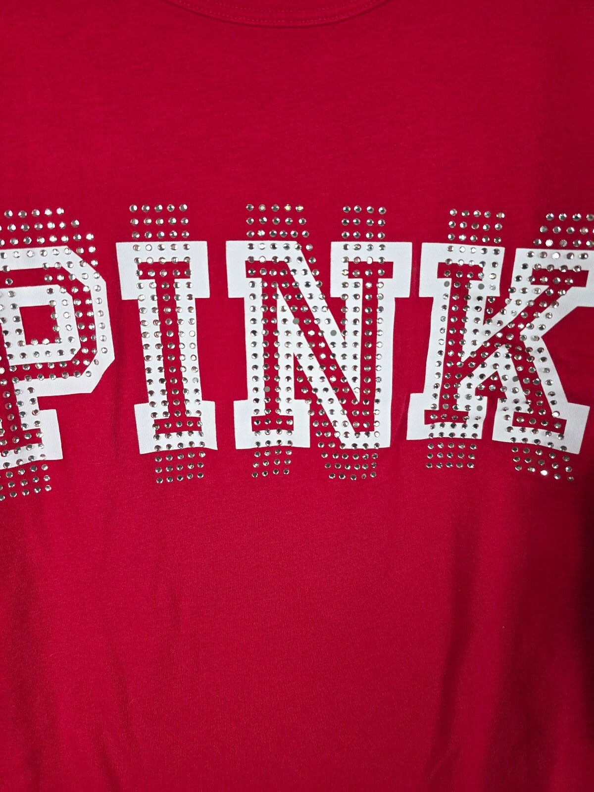 Victorias Secret PINK Red logo Studded Rhinestone Long Sleeve Tee Shirt LARGE
