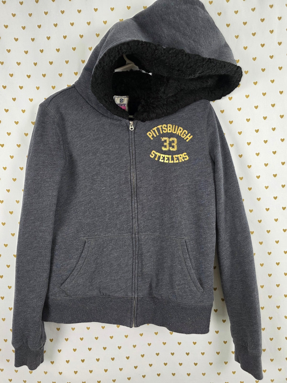 2011 Victoria's Secret PINK NFL Steelers BLING Fur Lined Hoodie Large L Jacket