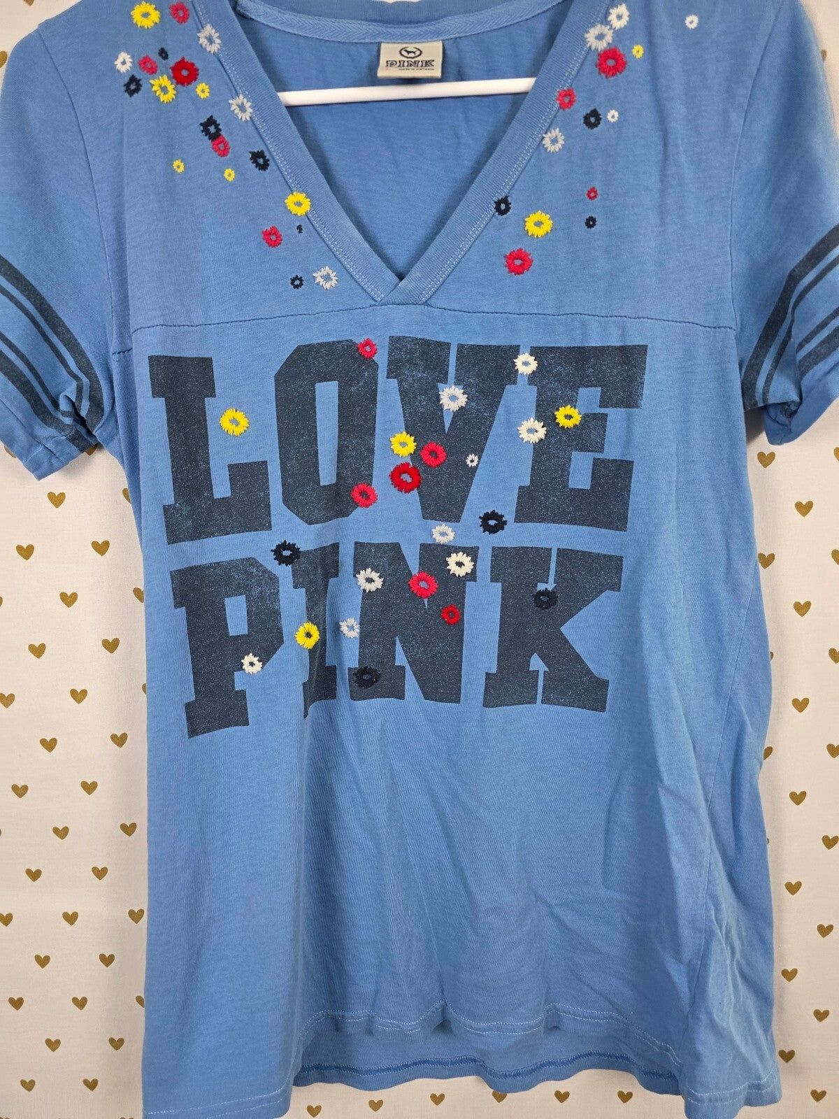 Victorias Secret PINK Vintage Y2k blue v neck embroidered Love tee shirt Large