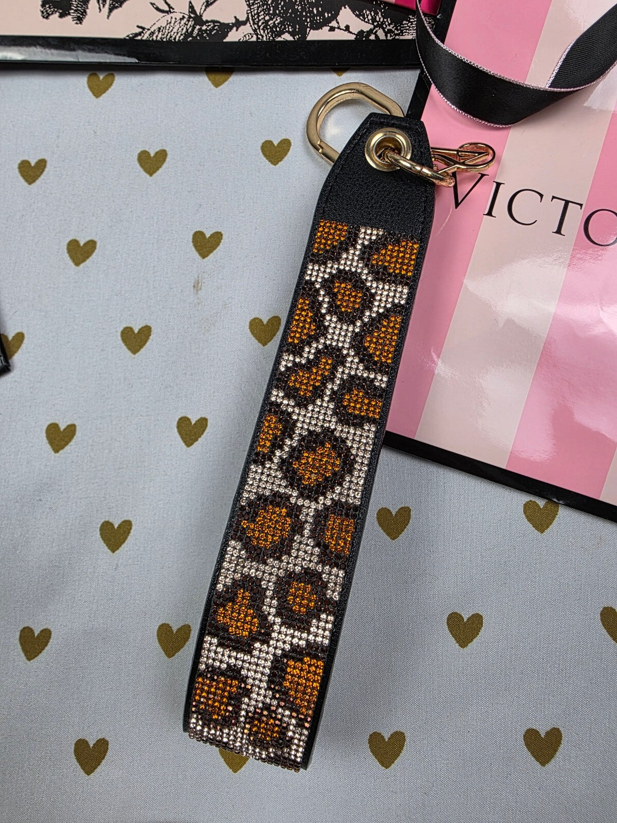 Victoria Secret BLING wristlet strap keychain Studded Rhinestone Leopard Cheetah