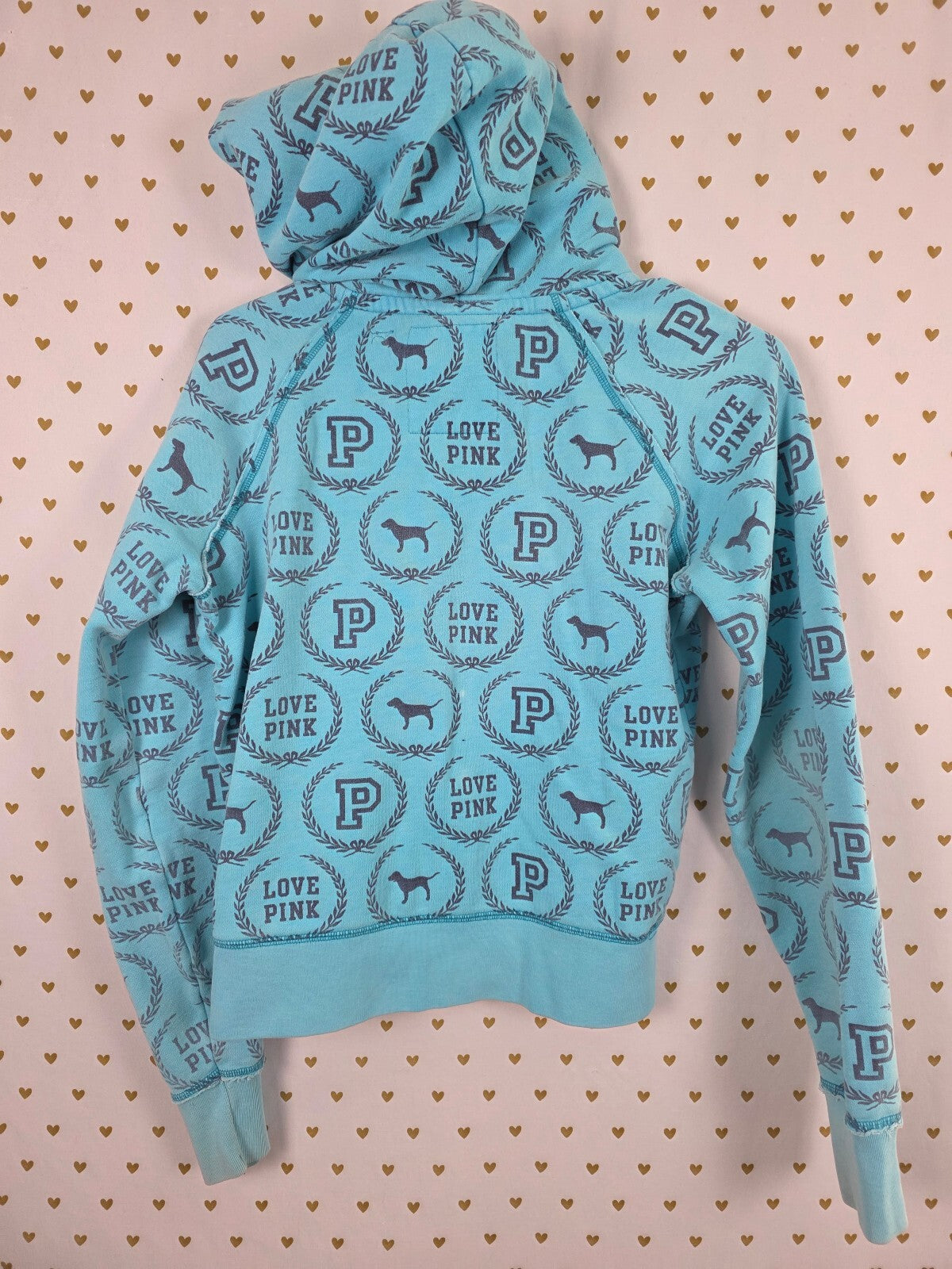 Victoria's Secret PINK Hoodie Full Zip Blue All Over Print Dog Logo Large HTF