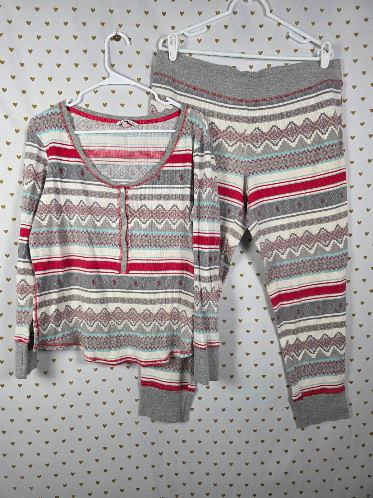 Victorias Secret geometric Thermal Waffle Sleep Set Henley Tapered Pants XL