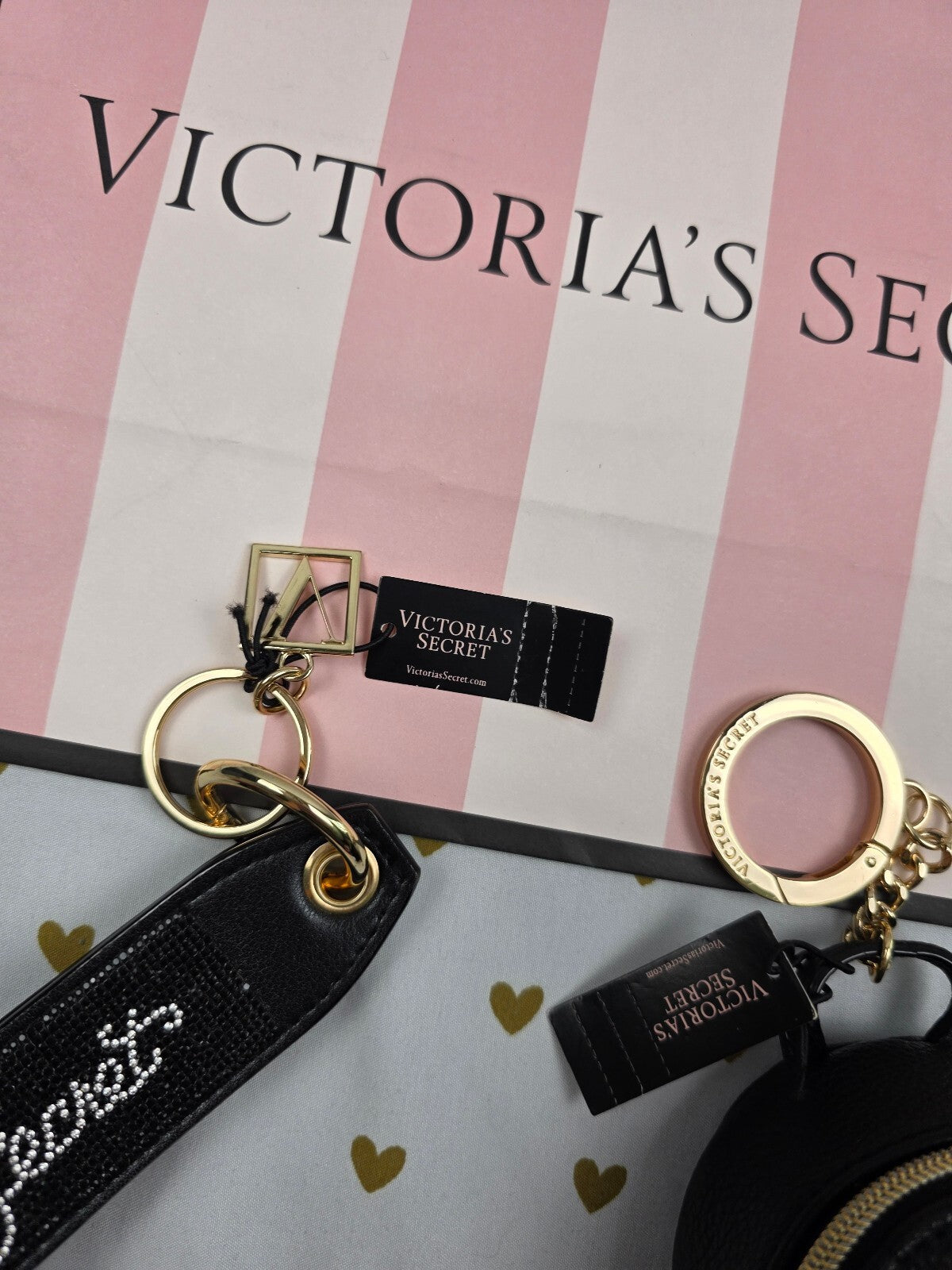 Victoria Secret BLING wristlet strap keychain Logo & Backpack Pouch NEW NWT SET