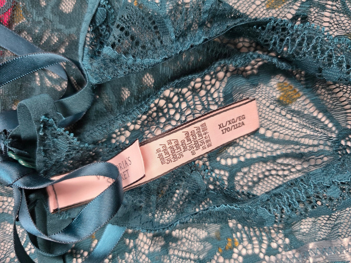 Victoria's Secret Teal Floral Lace Teddy Bodysuit XL Satin Tie Thong