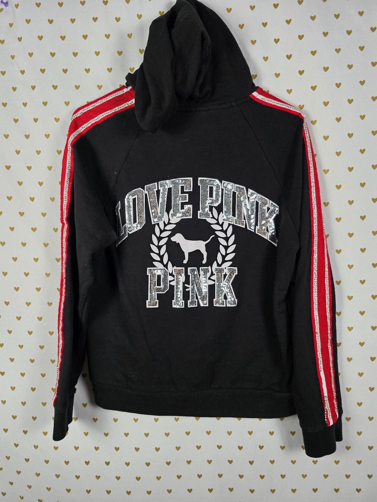 Victorias Secret Pink BLING Striped Crest Full Zip Hoodie Jacket LARGE Sequined