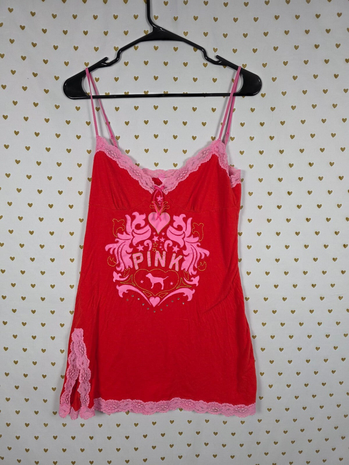 Vintage 2005 Victoria's Secret PINK M/L Red Lace Dog Tank Slip Dress Y2K Cotton