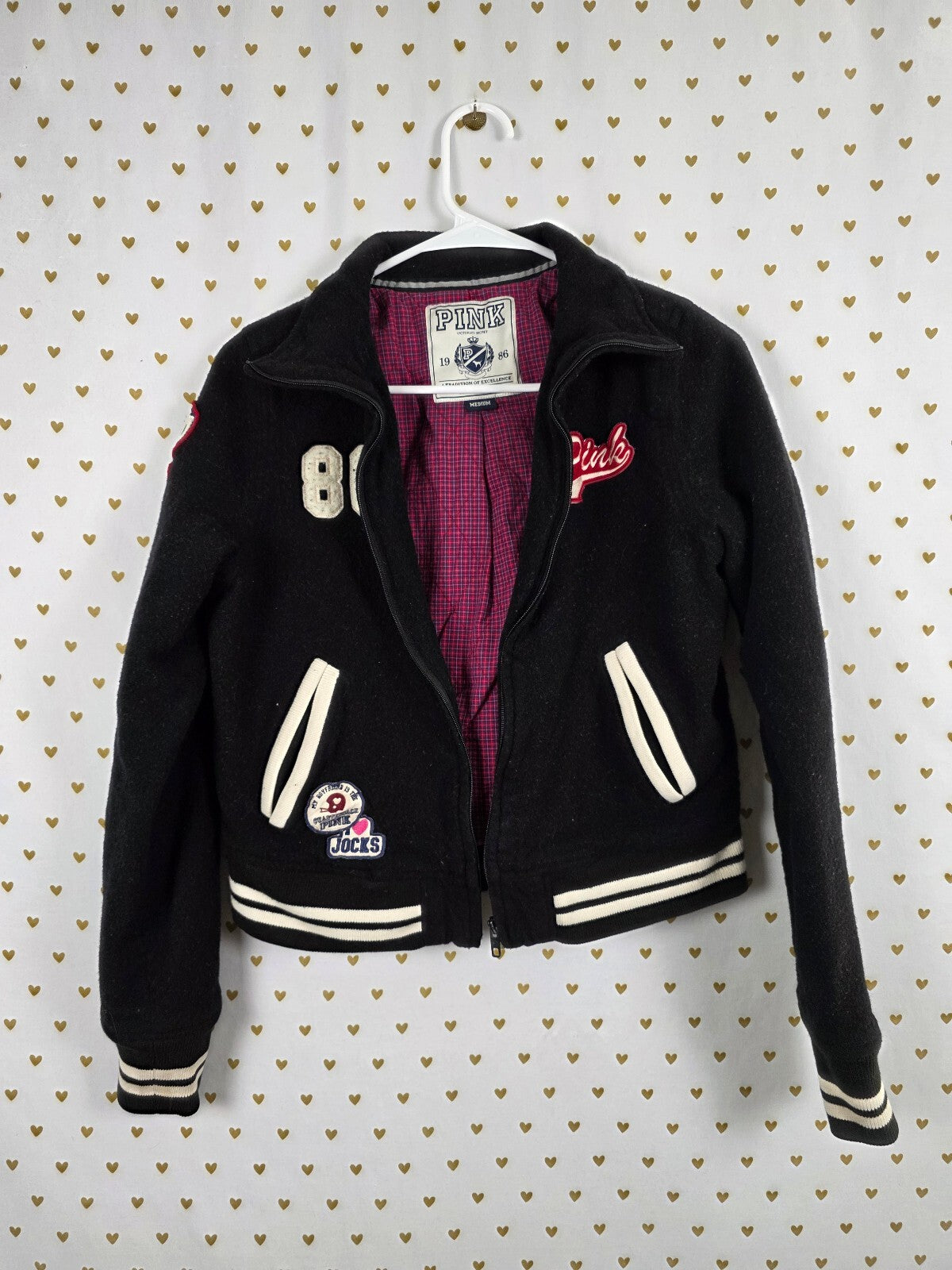 Vintage VS PINK Varsity Jacket M State Champs 1986 Dog Letterman Y2K