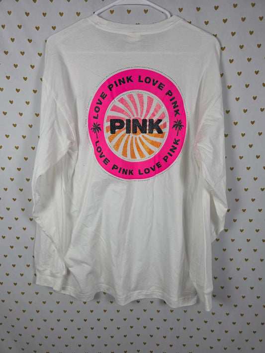 Victorias Secret PINK Long Sleeve Tee Shirt BLING Logo Glitter LARGE