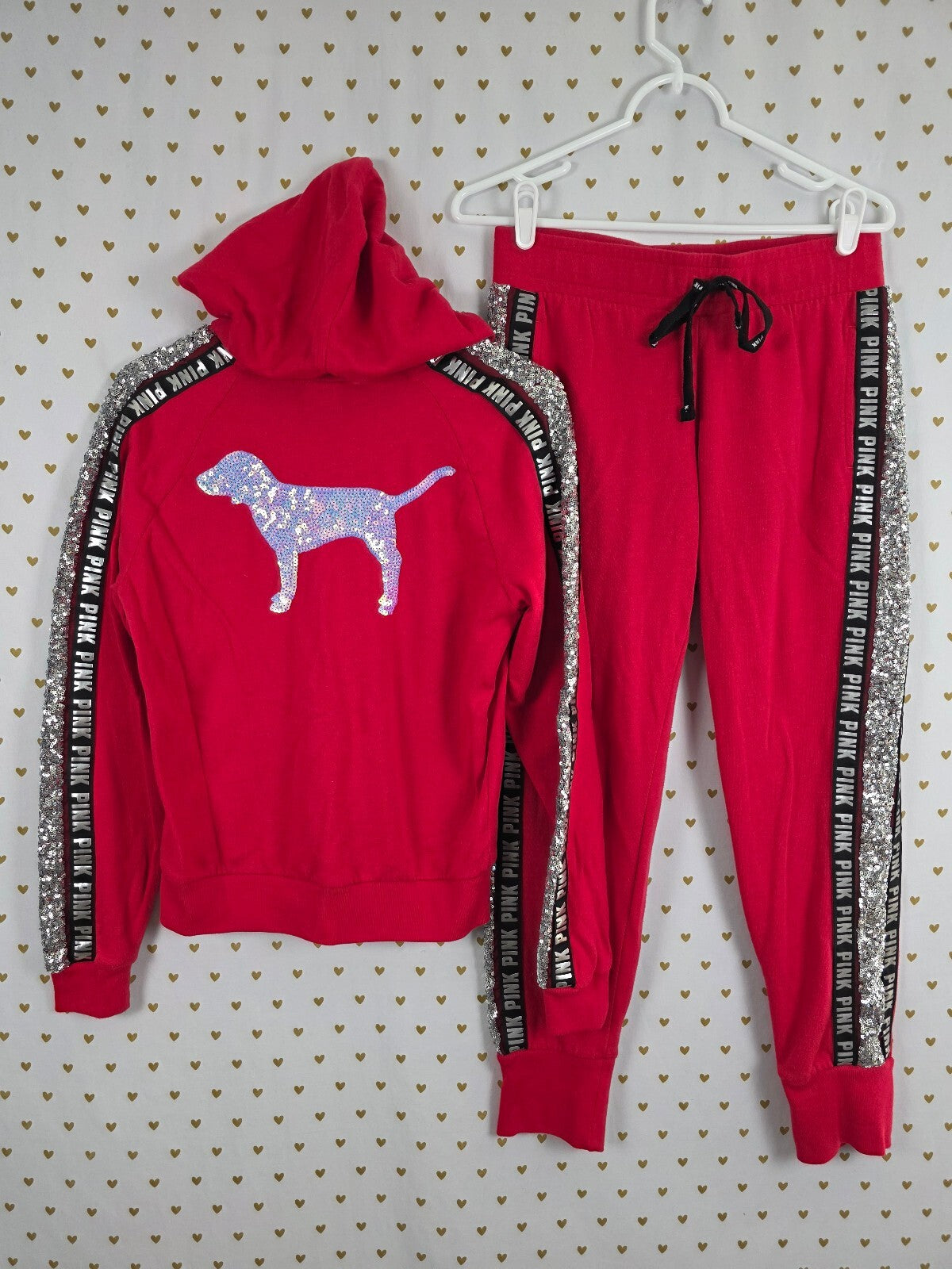 Victorias Secret Pink Red Mermaid Dog Bling Logo SET Hoodie Jacket Sweats XS SM