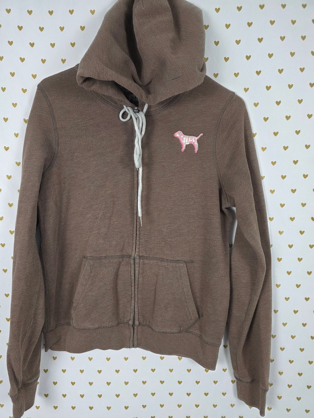 Victorias Secret Pink Vintage BLING Heart Sequined Y2k Full Zip Hoodie jacket L