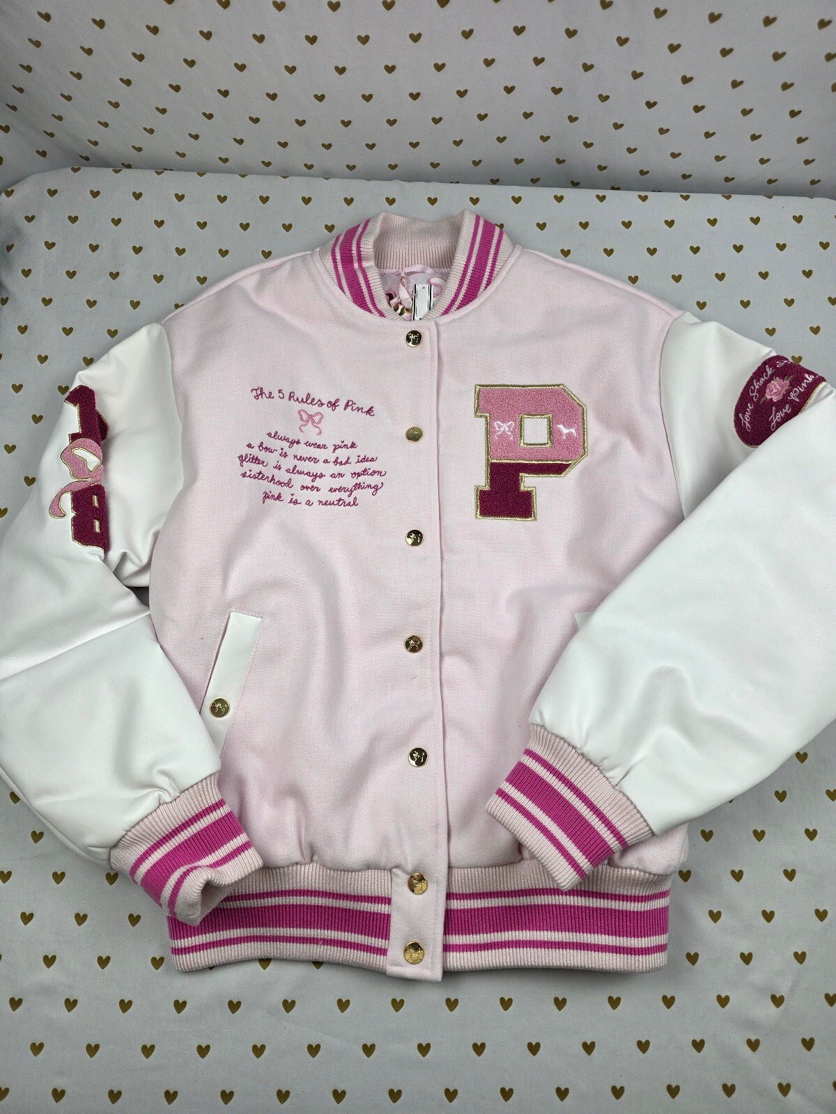NWT Victoria's Secret PINK LoveShackFancy Varsity Jacket Pink LARGE NEW HTF