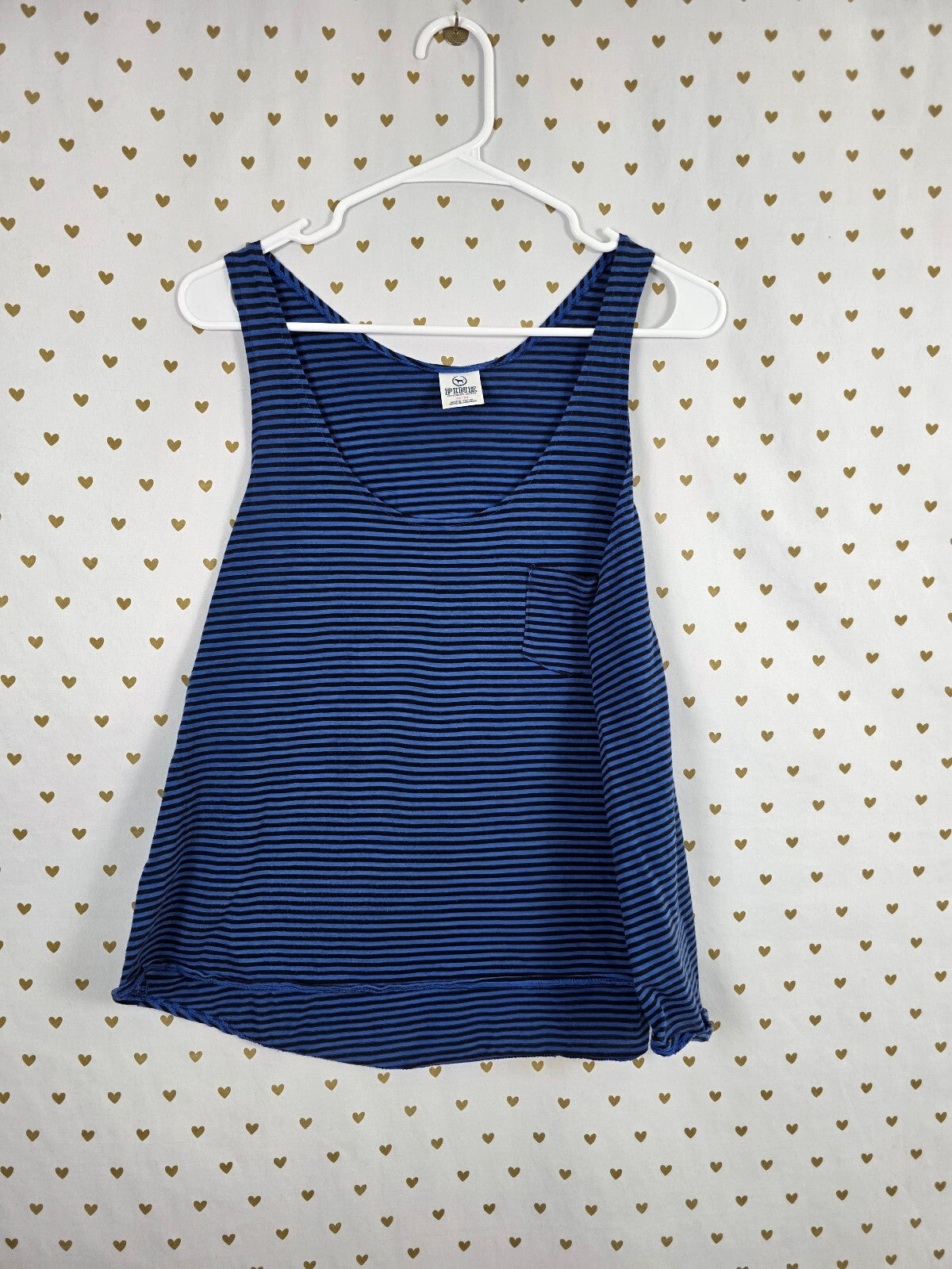Victorias Secret PINK Vintage Blue striped Tank Top Embroidered Dog Medium