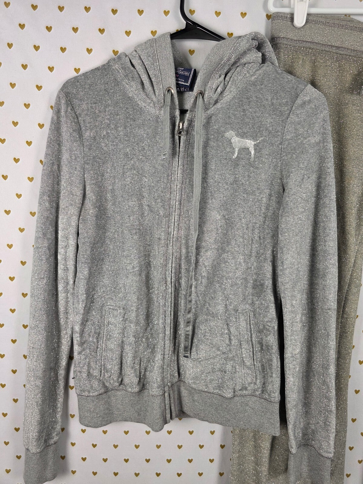 Victorias Secret Pink Vintage BLING Glitter Thread HEART SET Hoodie Sweats MED