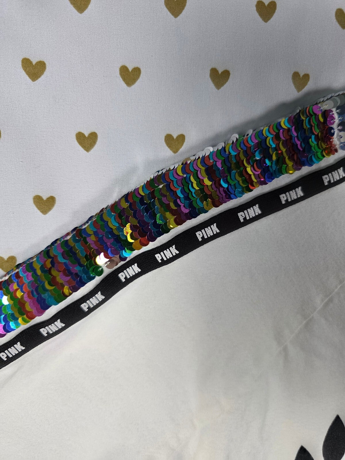 Victoria's Secret PINK Sequin Logo T Shirt Flip Rainbow Sequins White S
