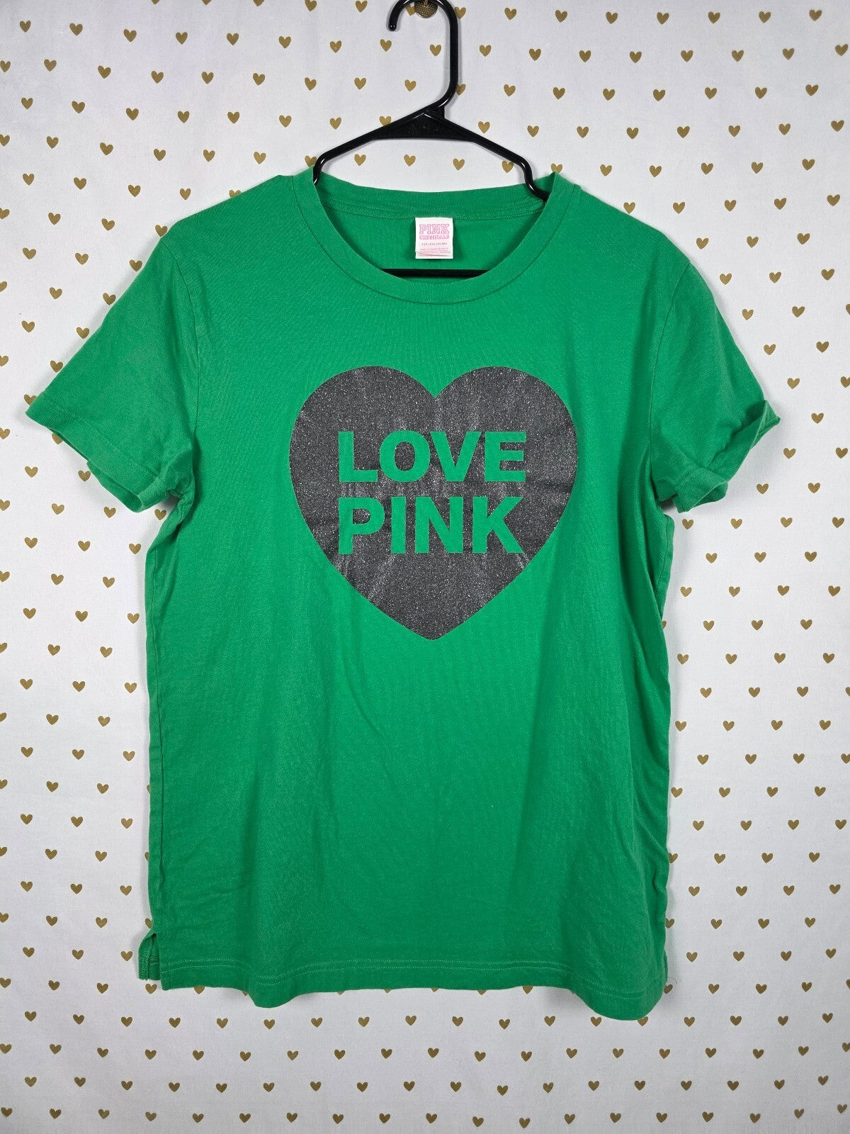 PINK Victoria's Secret Love Heart Glitter Tee Green SMALL Shirt Campus Originals