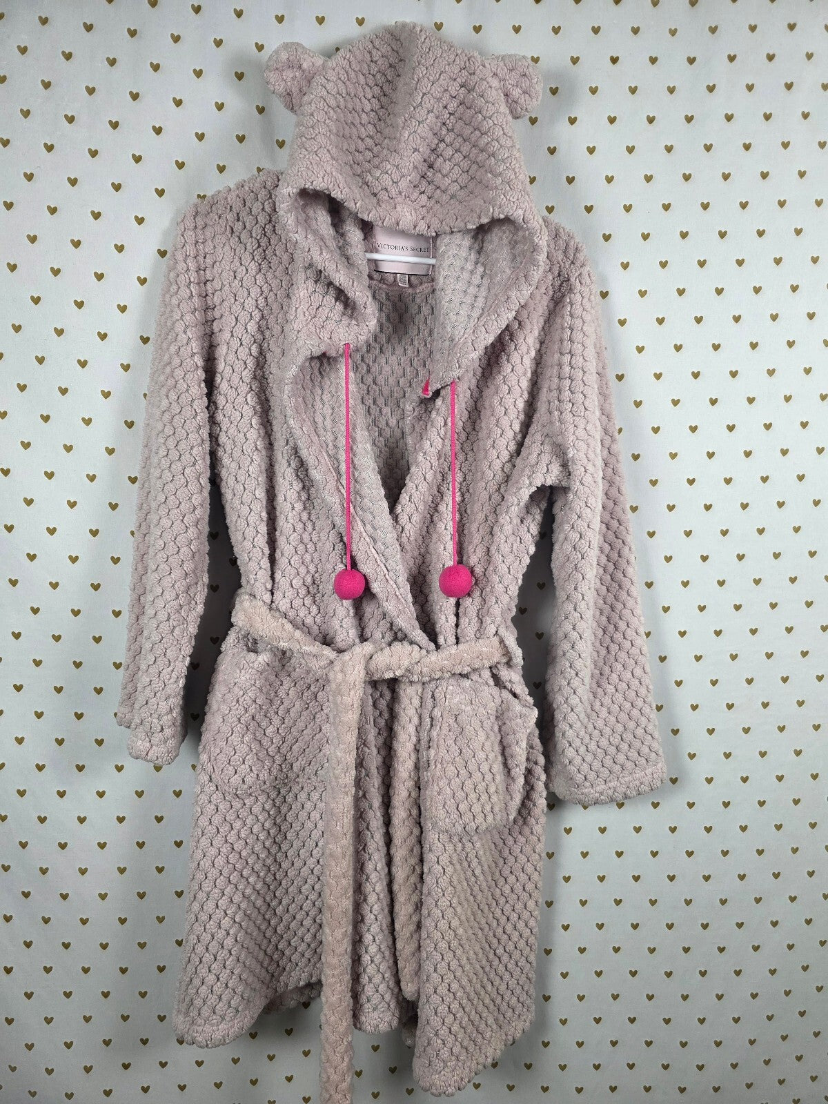 Victoria's Secret Teddy Bear Ear Hooded Robe Pink Pom Pom Textured Fleece M
